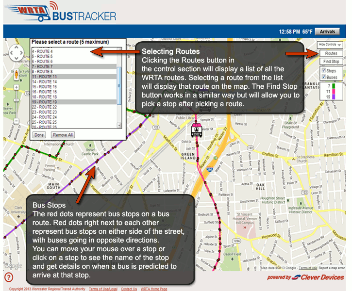 Selecting Routes - Clicking the Routes button in the control section will display a list of all the WRTA routes.  Selecting a route from the list will display that route on the map.  The Find Stop button works in a similar way but will allow you to pick a stop after picking a route.
